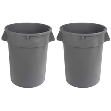 Amazon Basics Heavy Duty Sturdy Round Trash Can, 32 Gallon, Grey, Pack of 2