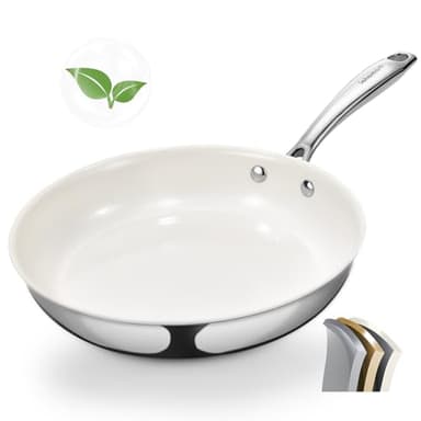 SAKAMOSH 9.5" Tri-Ply Stainless Steel Frying Pan, Nonstick Ceramic Pan, Skillet with Stay-Cool Handle, Non Toxic, PFAS PFOA PTFE Free, Dishwasher & Oven Safe, Induction, Compatible with All Cooktops