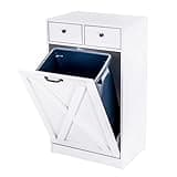 Zvyteay 13 Gallons Tilt Out Trash Can Cabinet, Wooden Trash Cabinet with 2 Drawers, Free Standing Kichen Waste Bin Recycling Cabinet Pet Proof Hidden Trash Cabinet for Kitchen (White)