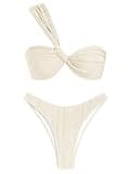 ZAFUL Women's One Shoulder Bikini Twisted Ruched High Cut Bandeau Bikini Set Two Piece Swimsuit (2-Beige, M)