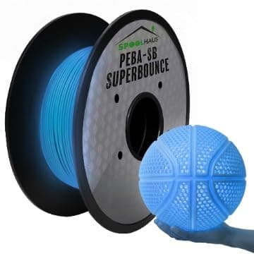 PEBA Filament High Rebound Flexible Filament Super TPU Nylon Based Strength 1.75mm 78% Energy Return Bouncy Airless Basketball Lightweight 3D Printer Filament SpoolHaus Superbounce (Glow Blue, 1kg)