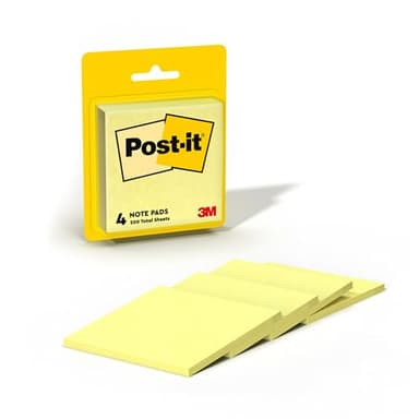 Post-it Notes, 3 in x 3 in, 4 Sticky Notes Pads, 50 Sheets per Pad, The Iconic Canary Yellow Note, School Supplies and Oﬃce Products