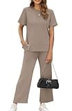 XIEERDUO 2 Piece Lounge Set for Women Summer Outfits Spring Short Sleeve Tracksuit Wide Leg Pants Matching Loungewear Sets Women's Track Suit Loose Fit Vacation Clothes Khaki XL