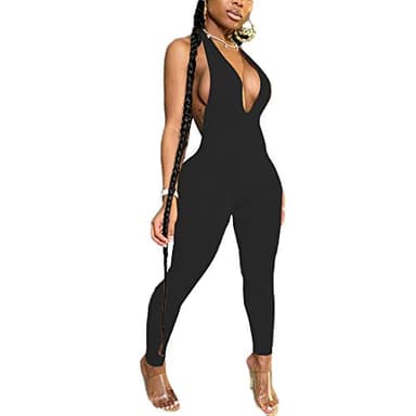 LuFeng Women's Sexy Bodycon Halter Deep V Neck Backless Party Long Jumpsuits Romper Black