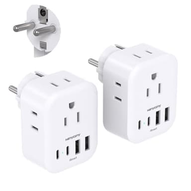 2 Pack Type E F Plug Adpter, HANYCONY Germany France Travel Power Adapter with 4 Outlets 4 USB Ports(2 USB C), South Korea Travel Plug Adapter for US to Europe EU Spain Iceland Greece German French