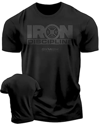 Strength Training Workout T-Shirt Iron Discipline Men’s Gym Training Muscle Tee (LG, Iron Discipline Black on Black)
