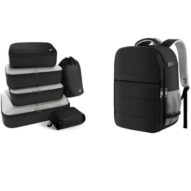 HOTOR Packing Cubes & Travel Backpack Set – 6pcs Suitcase Organizer Bags + Flight Approved Carry-On Backpack for 15.6" Laptop, Travel Essentials for Men & Women, Work, Weekender, Black