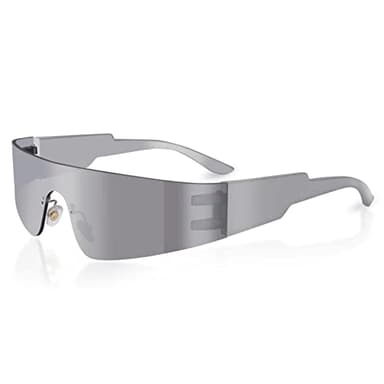 milramtob Futuristic Wrap Around Sunglasses Y2K Silver Trendy Rimless Glasses Cyberpunk Eyewear for Women Men Rave Party