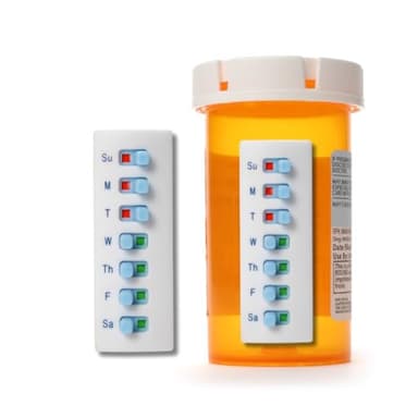 TAKE-N-SLIDE Peel and Stick Reusable for 12 + Refills, Pill/Medication/Vitamin/Pet Med Tracker & Reminder, Attach to Your Bottle, Organizer-Free, Curved‑Back (White, 2-Pack)