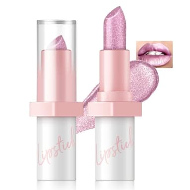 HOSAILY Metallic Pink Frost Glitter Lipstick for Women, Long Lasting High Shine Diamond Creamy Nude Light Pink Lipstick Transfer Proof,Shimmer High Impact Full Coverage Non Stick Cup Lip Makeup#1