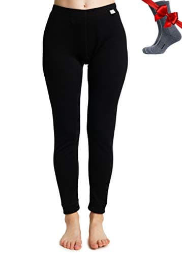 Merino Wool Base Layer Women Pants 100% Merino Wool Leggings Heavyweight, Midweight, Lite Thermal Underwear Bottom and Socks (Medium, Black)