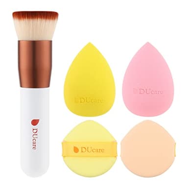 DUcare Foundation Brush with Christmas Sponges Puff Flat Top Kabuki Brush for Liquid Blending Mineral Powder Buffing Stippling