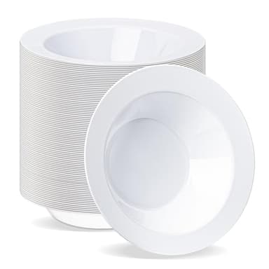BESTVIP 100 Pack 12 oz White Plastic Bowls, Disposable Soup Bowls, Heavy-duty Dessert Salad Bowl for Christmas, Party, Wedding, Dinner, Catering