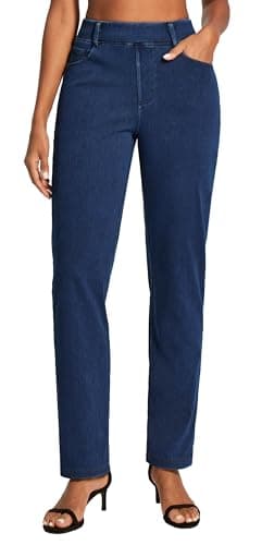 IUGA Straight Leg Jeans for Women Stretchy Pull On Sweatpant Jeans Women High Waisted Bootcut Jean Trendy Denim Pants Dark Blue