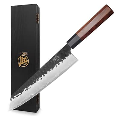 MITSUMOTO SAKARI Kiritsuke Chef Knife 9 inch - Hand Forged Japanese Kitchen Knives, 3-Layer 9CR18MOV High Carbon Steel, Rosewood Handle & Sandalwood Box