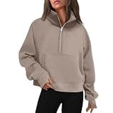 Quarter Zip Pullover Women Cropped Fleece Oversized Hoodie Pocket Thumb Hole Preppy Sweatshirt Half Zipped Solid Color Cute Hoodies Comfrt Winter Long Sleeve Teen Girl Clothes 2024, Camel, Medium