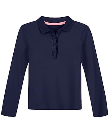 Nautica Girls' School Uniform Long Sleeve Polo, Navy, Large(12/14)
