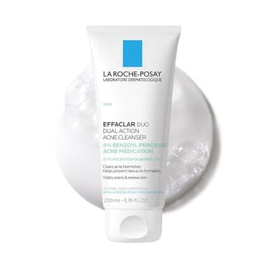 La Roche-Posay Effaclar Dual Acne Face Wash With 4% Benzoyl Peroxide & LHA Exfoliant, Acne Treatment Help Clear & Prevent Blemishes, Paraben Free & Oil Free Wash, 6.76 Fl Oz