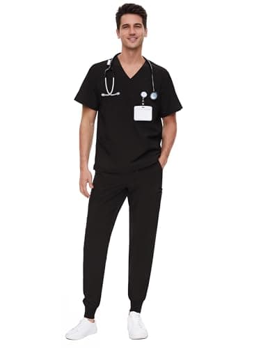 COZYFIT Scrubs for Men - 4 Pockets V-Neck Scrub Top and 7 Pockets Jogger Pants Mens Scrubs Set, Black, M