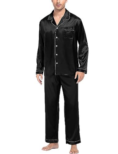 SWOMOG Mens Silk Satin Pajamas Set Long Sleeve Sleepwear Button-Down Pj Two-piece Loungewear with Long Pants (Black，X-Large)