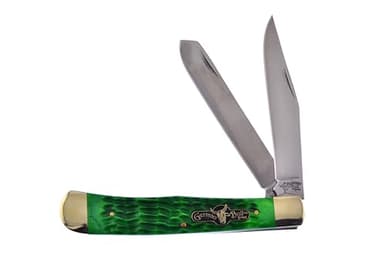 German Bull Brand Pocket Knife 010AGB Large Trapper Green Bone Handle German Stainless Steel Blades Closed 5.25