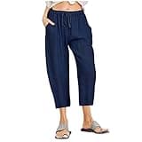 Metallic Pants Women Cotton Linen Wide Leg Pants Casual Summer Drawstring Elastic Waist Capris Loose Cropped Trouser with Pockets