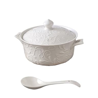 Ceramic Soup Tureen Set with Lid & Ladle - Oven-Safe for Baked Casseroles, Soups, and Stews - 2.5 L Large Volume (Flower Vine Pattern)
