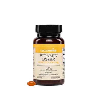 NatureWise Vegan Vitamin D3 + K2 with Organic Coconut MCT Oil - Natural D3 5000IU + Natural K2 100mcg - High Absorption Bone Support - Soy & Gluten Free - USA Manufactured - 30 Softgels[30-Day Supply]