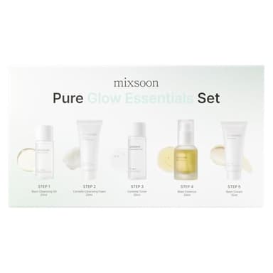 mixsoon Pure Glow Essentials Set-5-Step Skincare Kit - Travel kit, Hydrating Skincare Gift Set, Cleansing Oil, Foam, Toner, Essence, Cream (15ml*1+20ml*3+30ml*1) Korean Glass Skin Care