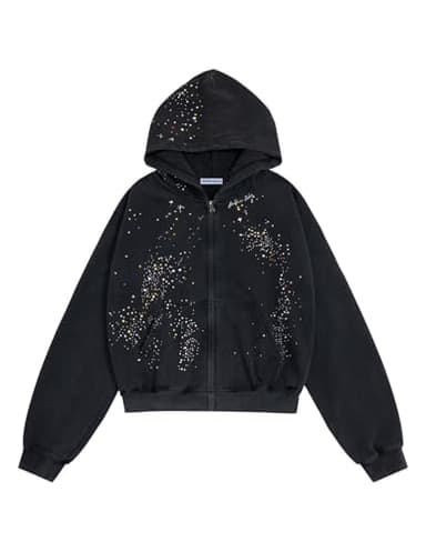 Aelfric Eden Star Rhinestone Zip Up Hoodies Womens Mens Casual Hooded Jackets Unisex Loose Crystal Y2K Pocket Sweatshirts Black L