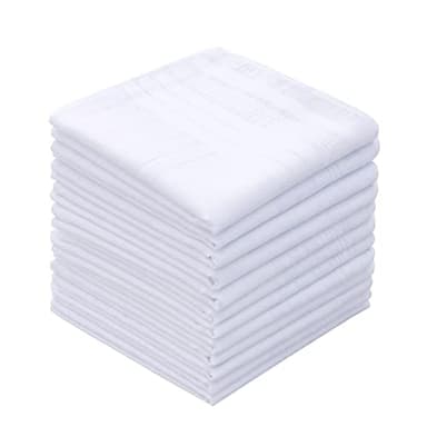 GB Men's Handkerchiefs 100% Cotton Solid White with Stripe Large Classic Hankies Bulk Set 12 Pack