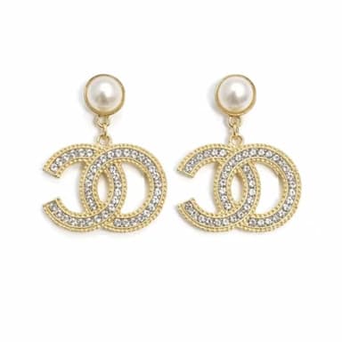 Pearl Drop Earrings with Crystal Embellished Letters Logo, Gold Tone, Dangle Style