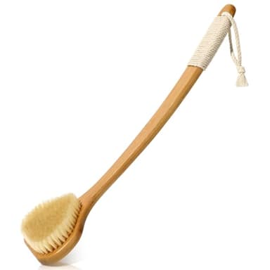 eaxun Bamboo Back Scrubber with Curved Long Handle, 17.3 Inches Exfoliating Shower Brush with Stiff Bristles for Men and Women, Back Washer Body Exfoliator for Bath or Dry Brushing