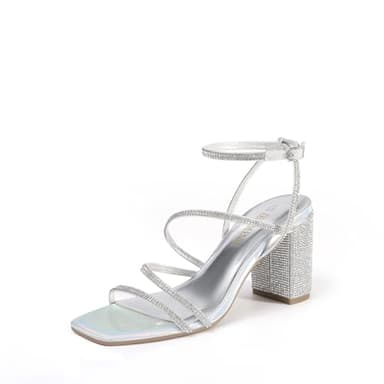 DREAM PAIRS Women's Heels Chunky Block Strappy Square Open Toe Ankle Buckle Heeled Sandals Wedding Party Dress Shoes Indie,Size 7.5,Silver-Rhinestone,SDHS2428W