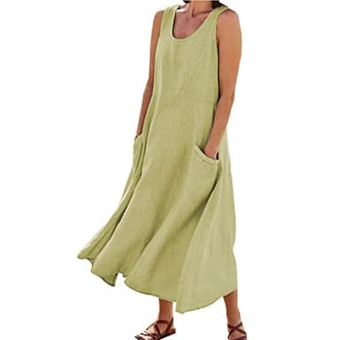 SMIDOW Cotton Dresses for Women Casual Summer 2024 Solid Beach Flowy Tshirt Sundress Sleeveless Tank Long Dress with Pockets