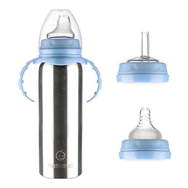 Hamarue 3-in-1 Stainless Steel Sippy Cups for Toddlers | Non-Toxic Insulated Stainless Steel Baby Bottle | Straw Cup with Removeable Handles | Plastic Free Liquid Transfer (8 oz, Blue)