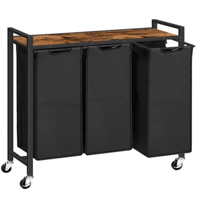 HOOBRO Laundry Sorter 3 Section, Laundry Hamper with Wheels, 3 × 11.5 Gal (43.5 L), Rolling Laundry Basket, Pull-Out and Removable Oxford Fabric Laundry Bags, Rustic Brown and Black BF76XY01