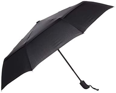 Amazon Basics Round Travel Umbrella with Auto Open/Close Button, Wind-Proof Compact Design, Wind Vent, Strong Alloy Steel Frame, Soft-Grip Handle, Storage Sleeve, 11" When Closed, Black