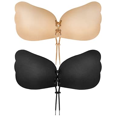 Cmojsk Sticky Bra, Backless Strapless Bra Push Up, Adhesive Invisible Lift Up Bras 2 Pairs Black/Beige