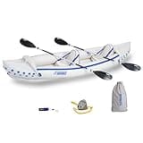 Sea Eagle 370K Pro 3-Person Inflatable Outdoor Water Sports Kayak Canoe Boat with Paddles, Adjustable Seats, Foot Pump, and Carrying Bag, White