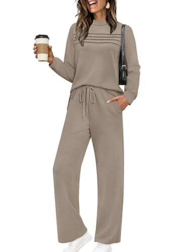 Two Piece Sets for Women Cruise Essentials 2026 Spring Summer Fall Fashion 2025 Travel Outfits Winter Clothes Trendy Lounge Sets Easter Outfit Matching Sets Wide Leg Pants Sweat Set Airport Brown L