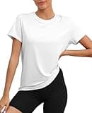 KevaMolly White Workout Tops for Women UPF50+ Breathable Loose Fit Yoga T Shirts Short Sleeve Running Gym Athletic Tee Top L