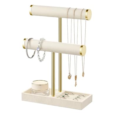 bussdis 2 Tier Bracelet Holder Display - Detachable T Bar Beige Velvet Bracelet Holder, Jewelry Holder Organizer for Bracelet, Necklace, Earrings, Rings