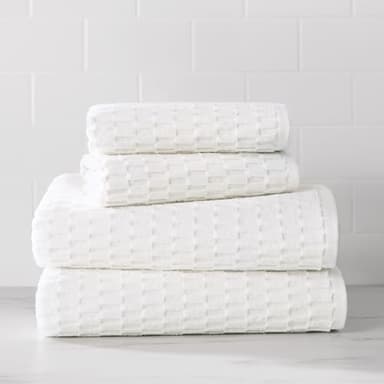 DKNY Metro Tile Quick Dry 100% Cotton Towel Set for Bathroom – 2 Bath, 2 Hand, Zero Twist, Absorbent, Supremely Soft, 550 GSM, 4 Piece, White