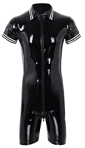 SEAUR Men's One Piece Front-Zip PVC Jumpsuit Shiny Leather Catsuit Slim Fit Short Sleeves Bodysuit Tight Leotard Black S