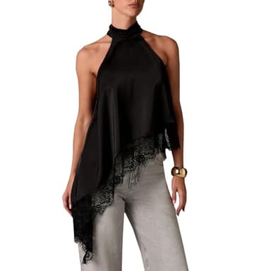Women Satin Halter Top Y2K Mock Neck Lace Trim Asymmetrical Hem Tank Top Sleeveless Going Out Crop Tops B Black