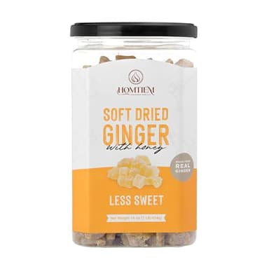 Homtiem Dried Crystallized Ginger Less Sweet (16 Ounce) Real Soft, Chews and Candied Delicious pieces Gingers, Easy to eat, No Artificial Colors, All-Natural and Preservative-Free(1 LB)