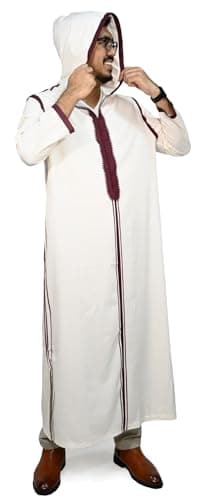 Musuly Men’s Traditional Djellaba Hooded Robe With Embroidery, Long Sleeves And Comfortable Fit (White and Brown, Large)
