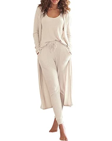 Eurivicy Womens Lounge Set Waffle Knit 3 Piece Pajama Sets Tank Tops Loose Pants with Long Cardigan Loungewear 2026