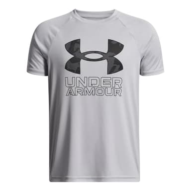 Under Armour Boys' Tech Hybrid Print Short Sleeve T Shirt, (013) Mod Gray / / Black, Medium